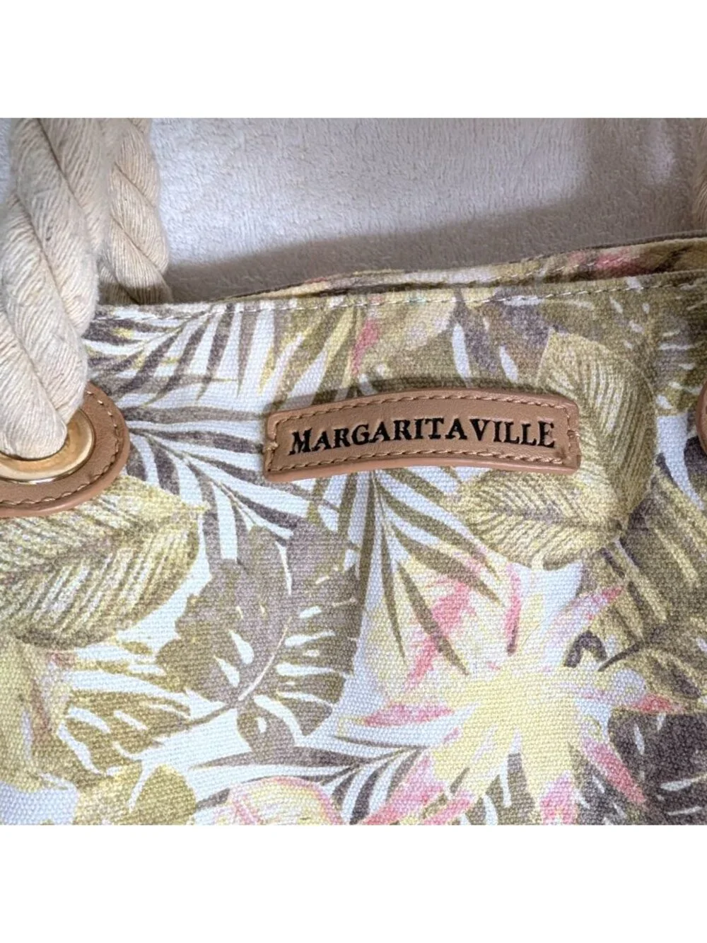 Margaritaville Tropical Print Canvas Tote Bag With Rope Handles & Faux Leather B - Picture 2 of 11
